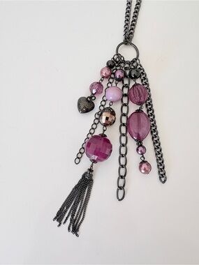Gunmetal Long Chain Necklace with Purple Beads 40”